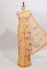 Yellow checked floral motifs linen cotton saree with self zari border matching blouse