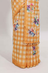 Yellow checked floral motifs linen cotton saree with self zari border matching blouse