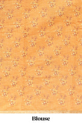 Yellow checked floral motifs linen cotton saree with self zari border matching blouse