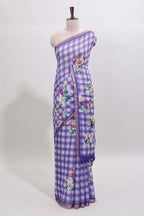 Violet checked floral motifs linen cotton saree with self zari border matching blouse