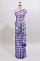 Violet checked floral motifs linen cotton saree with self zari border matching blouse