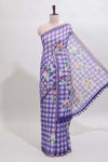 Violet checked floral motifs linen cotton saree with self zari border matching blouse