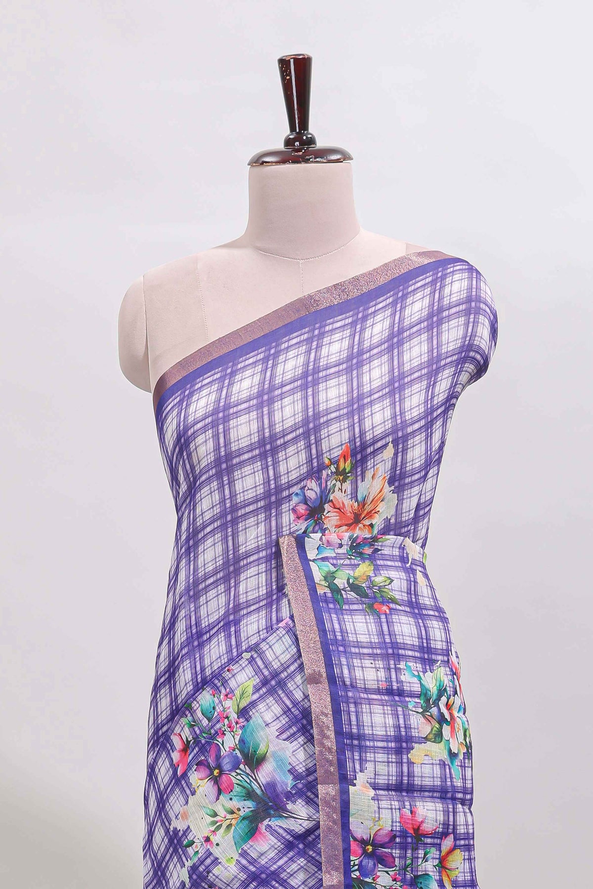 Violet checked floral motifs linen cotton saree with self zari border matching blouse