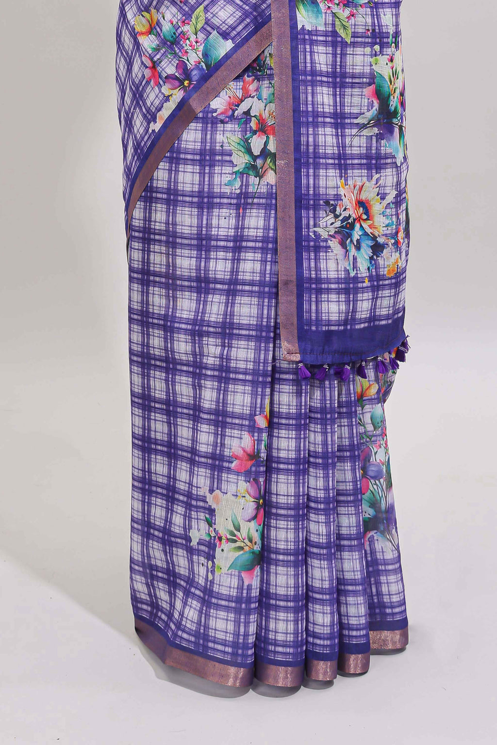 Violet checked floral motifs linen cotton saree with self zari border matching blouse