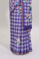 Violet checked floral motifs linen cotton saree with self zari border matching blouse