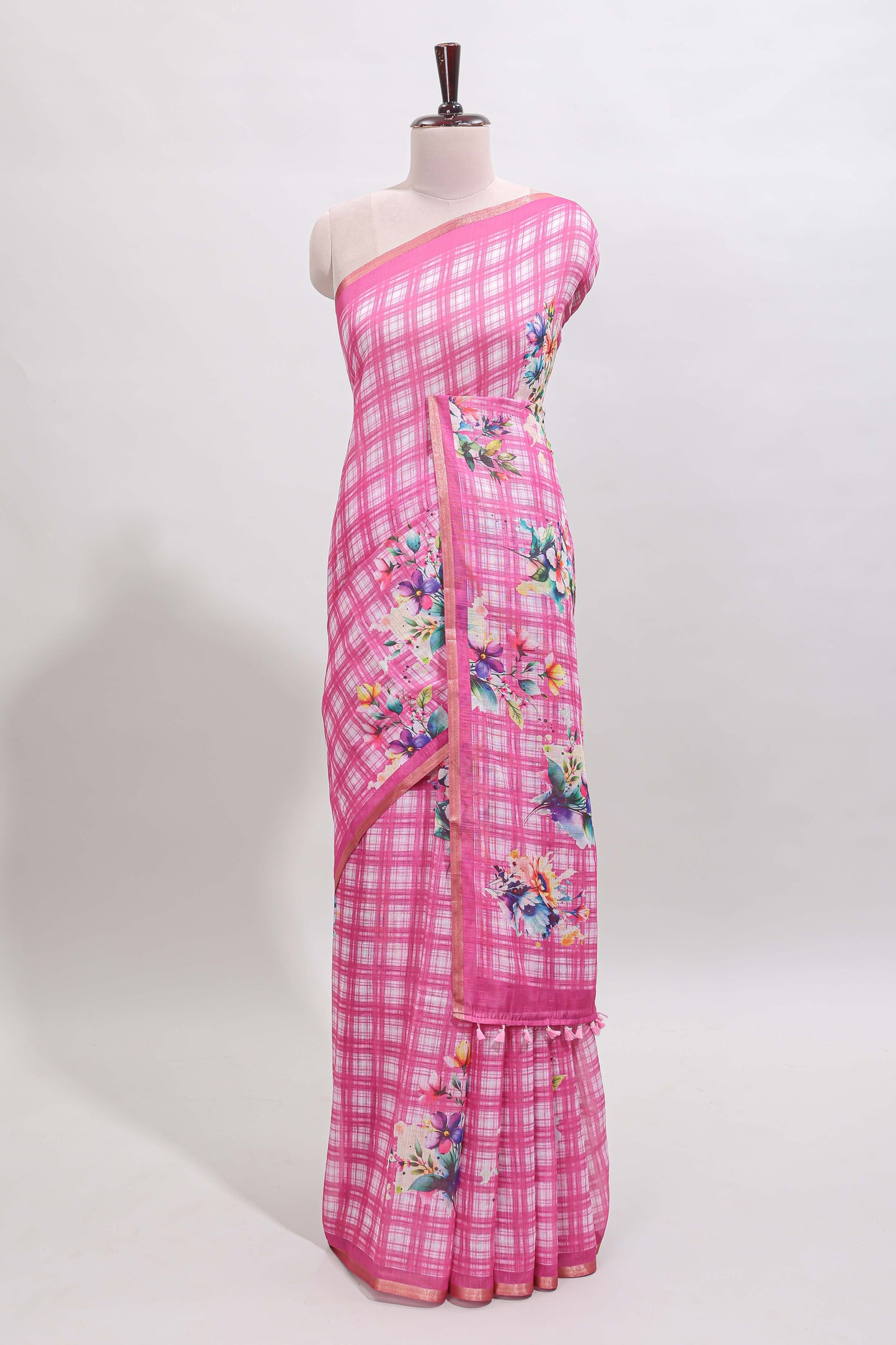 Pink checked floral motifs linen cotton saree with self zari border matching blouse