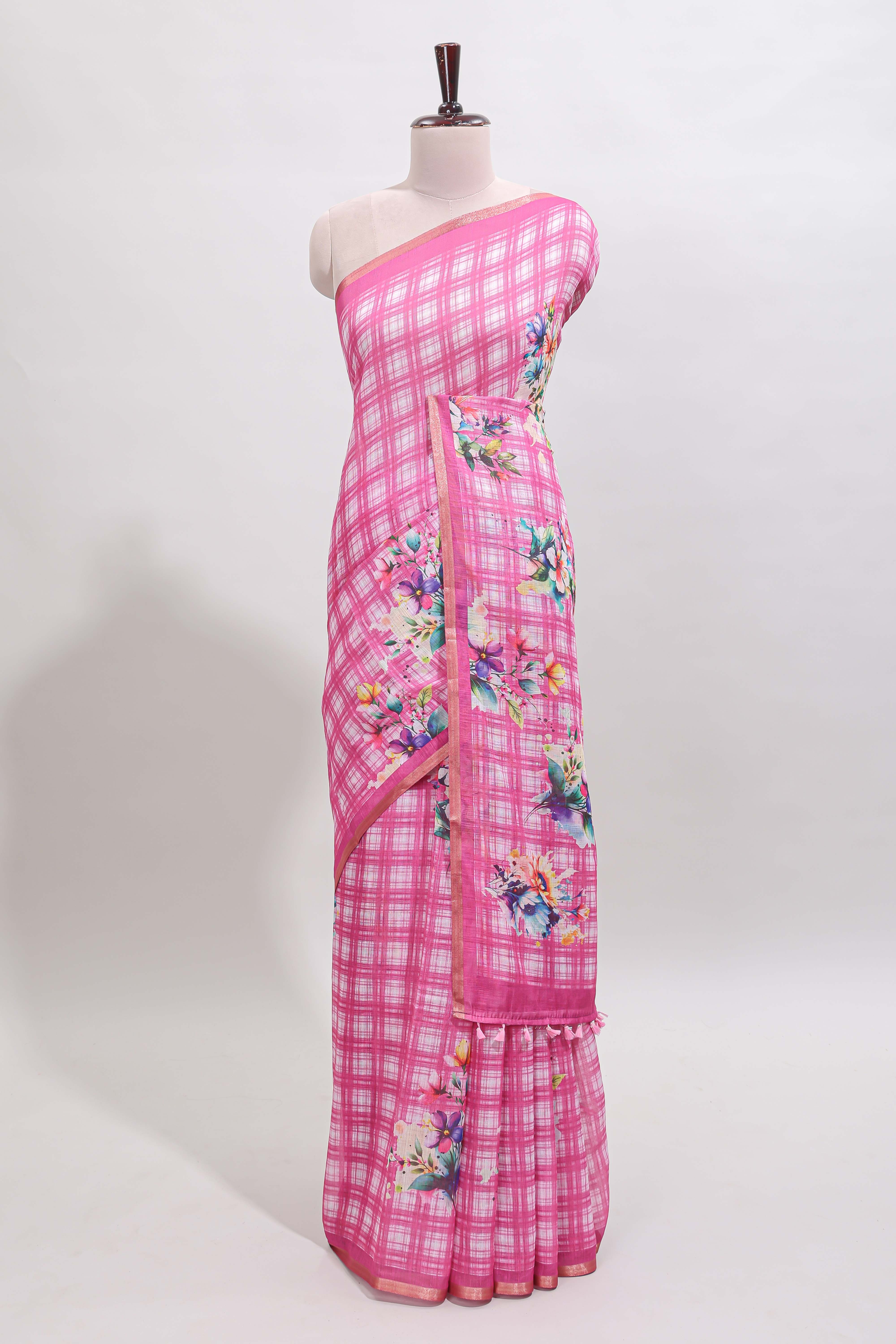 Pink checked floral motifs linen cotton saree with self zari border matching blouse