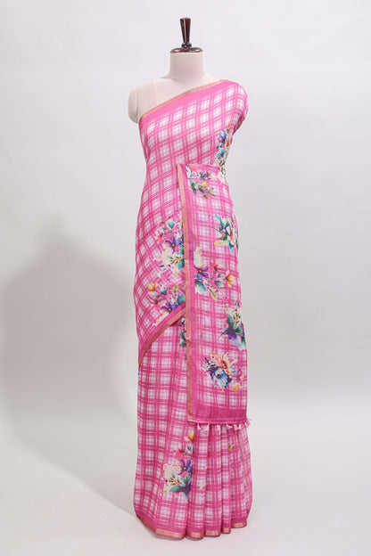 Pink checked floral motifs linen cotton saree with self zari border matching blouse
