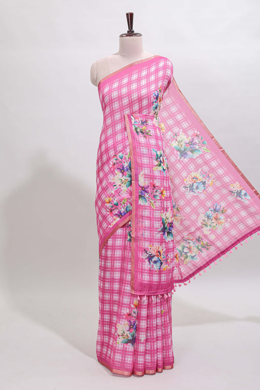 Pink checked floral motifs linen cotton saree with self zari border matching blouse