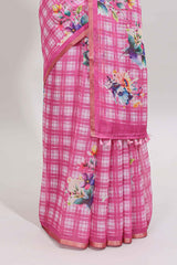 Pink checked floral motifs linen cotton saree with self zari border matching blouse
