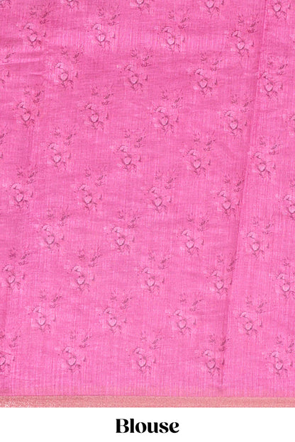 Pink checked floral motifs linen cotton saree with self zari border matching blouse