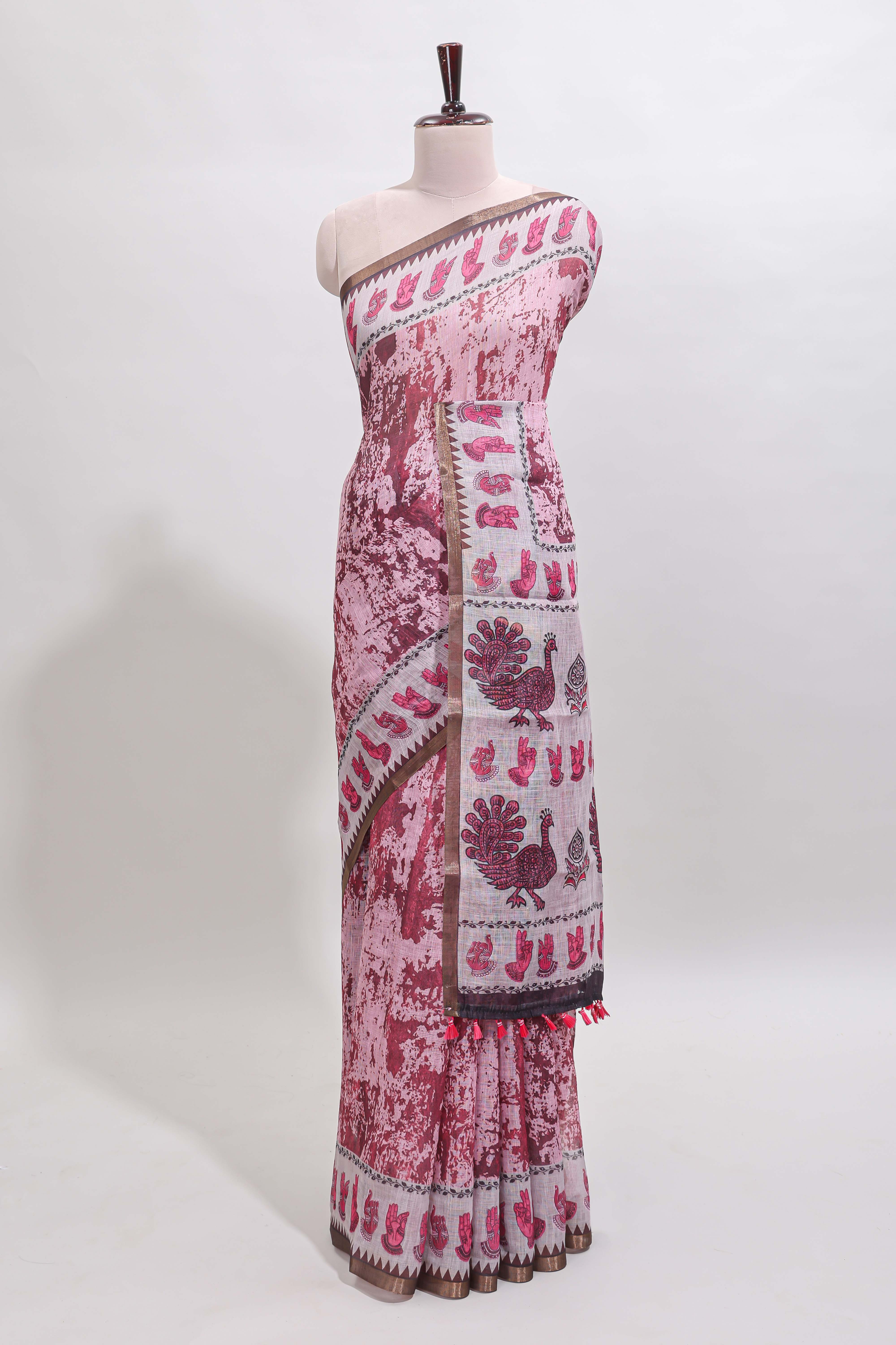 Peach shibori style classical dance muthirai design linen cotton saree with contrast border and blouse