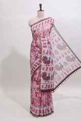 Peach shibori style classical dance muthirai design linen cotton saree with contrast border and blouse