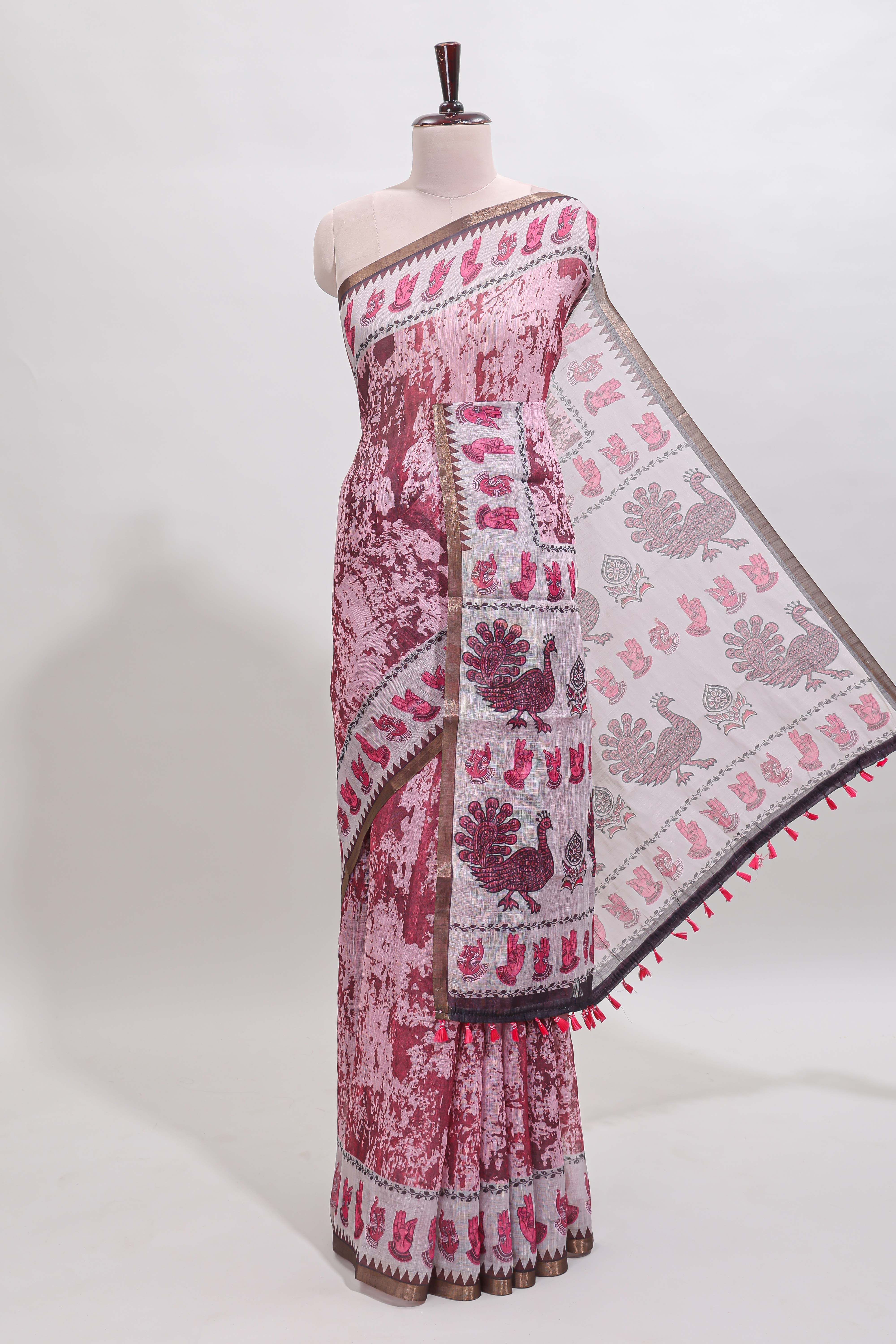 Peach shibori style classical dance muthirai design linen cotton saree with contrast border and blouse