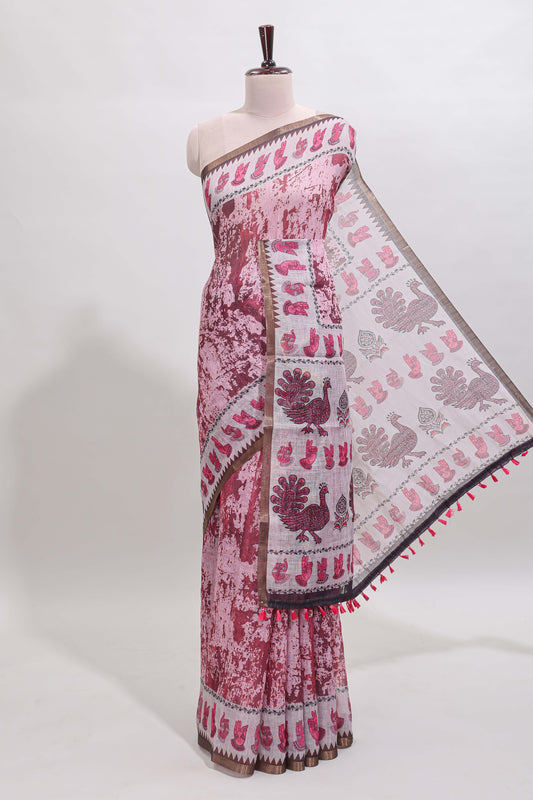 Peach shibori style classical dance muthirai design linen cotton saree with contrast border and blouse