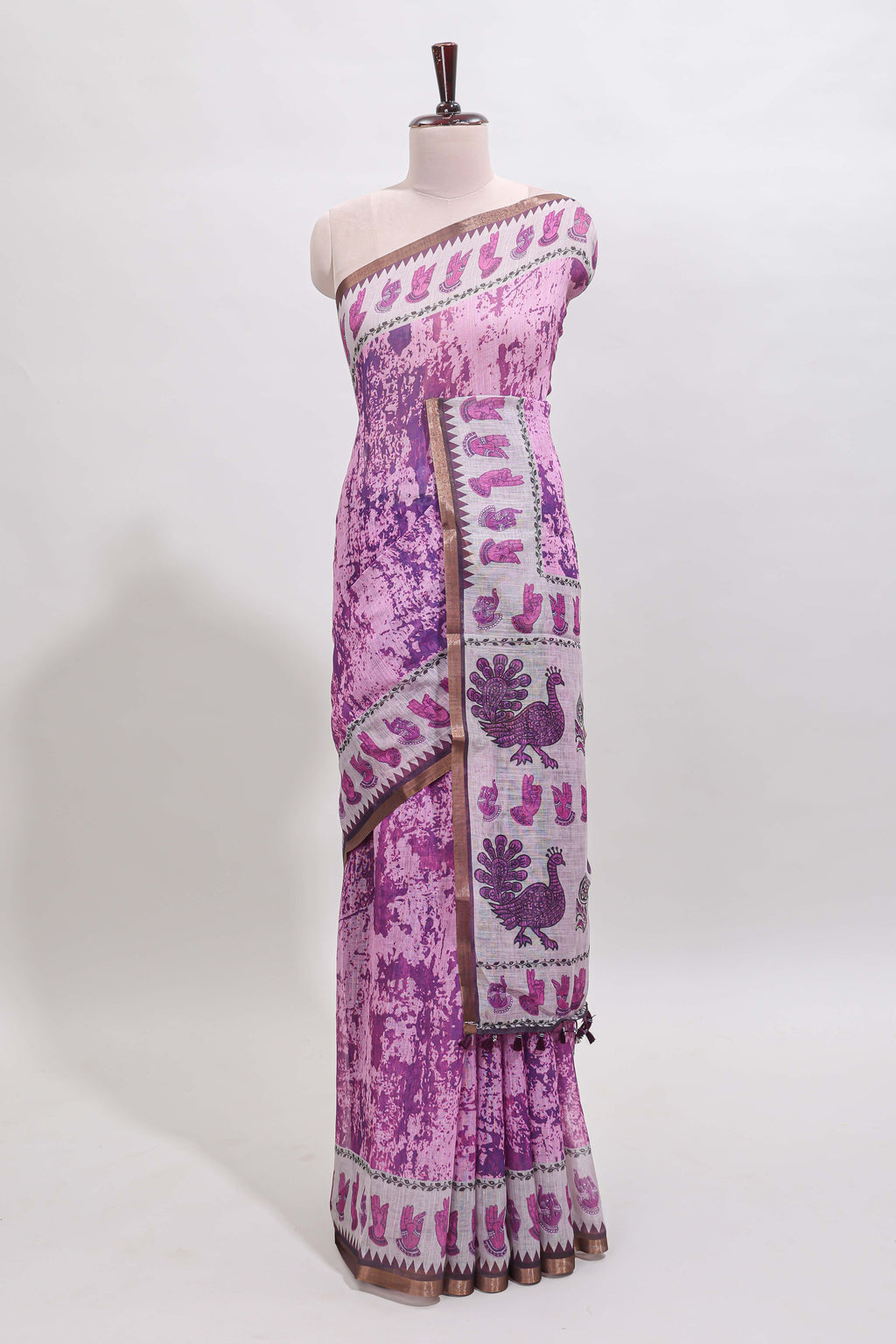 Pink shibori style classical dance muthirai design linen cotton saree with contrast border and blouse