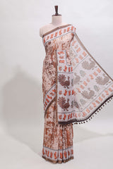 Brown shibori style classical dance muthirai design linen cotton saree with contrast border and blouse