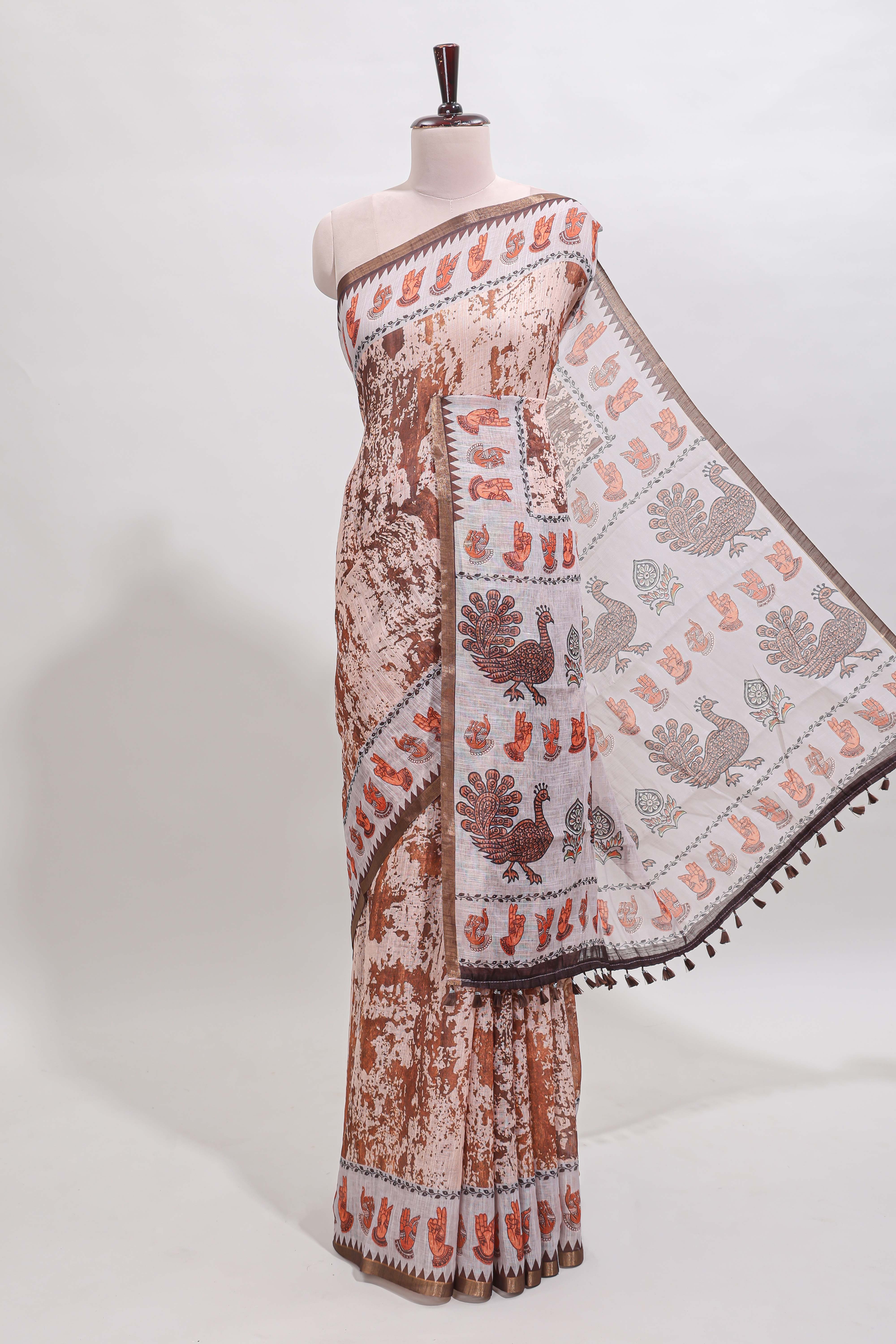 Brown shibori style classical dance muthirai design linen cotton saree with contrast border and blouse