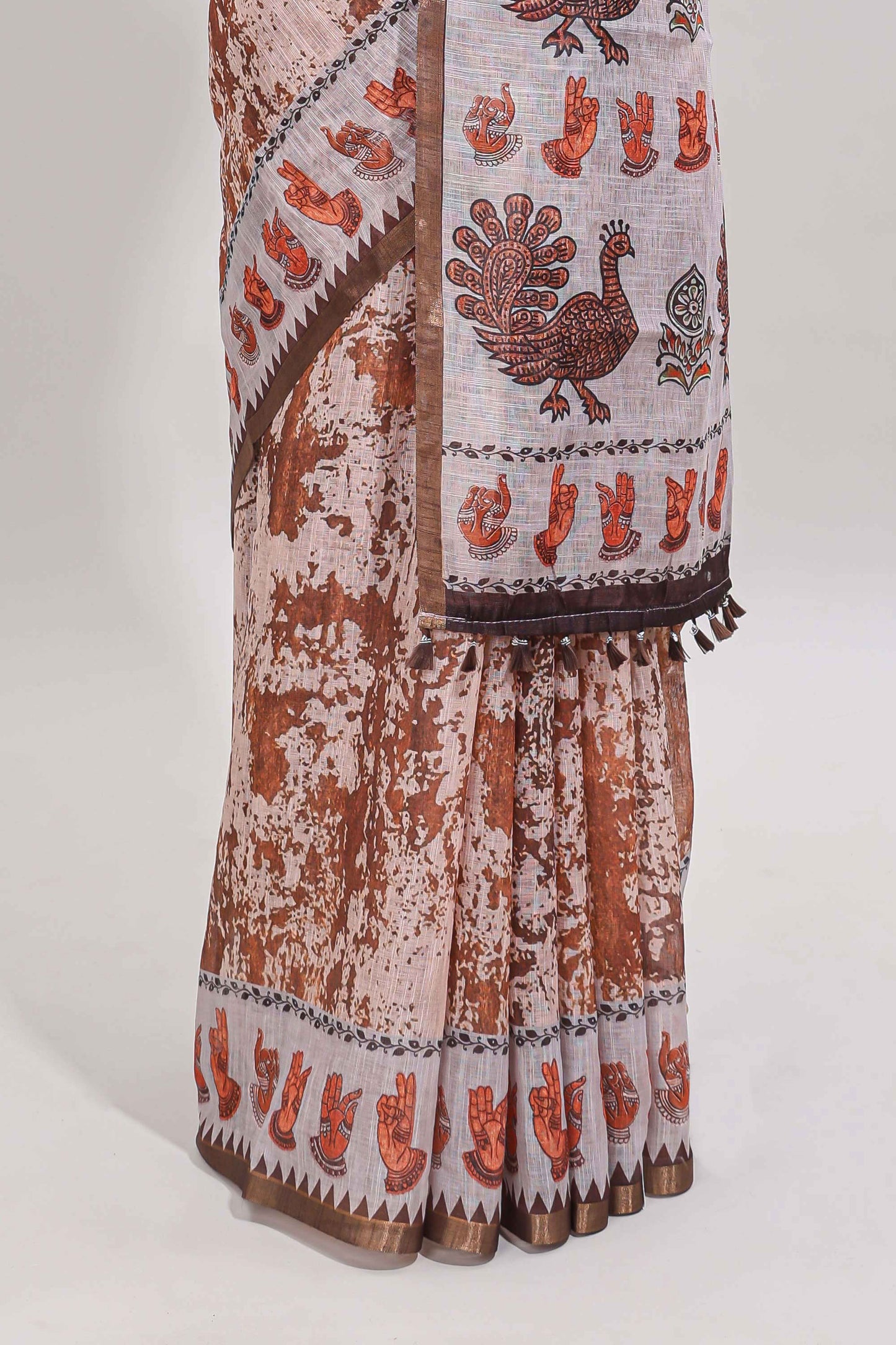Brown shibori style classical dance muthirai design linen cotton saree with contrast border and blouse