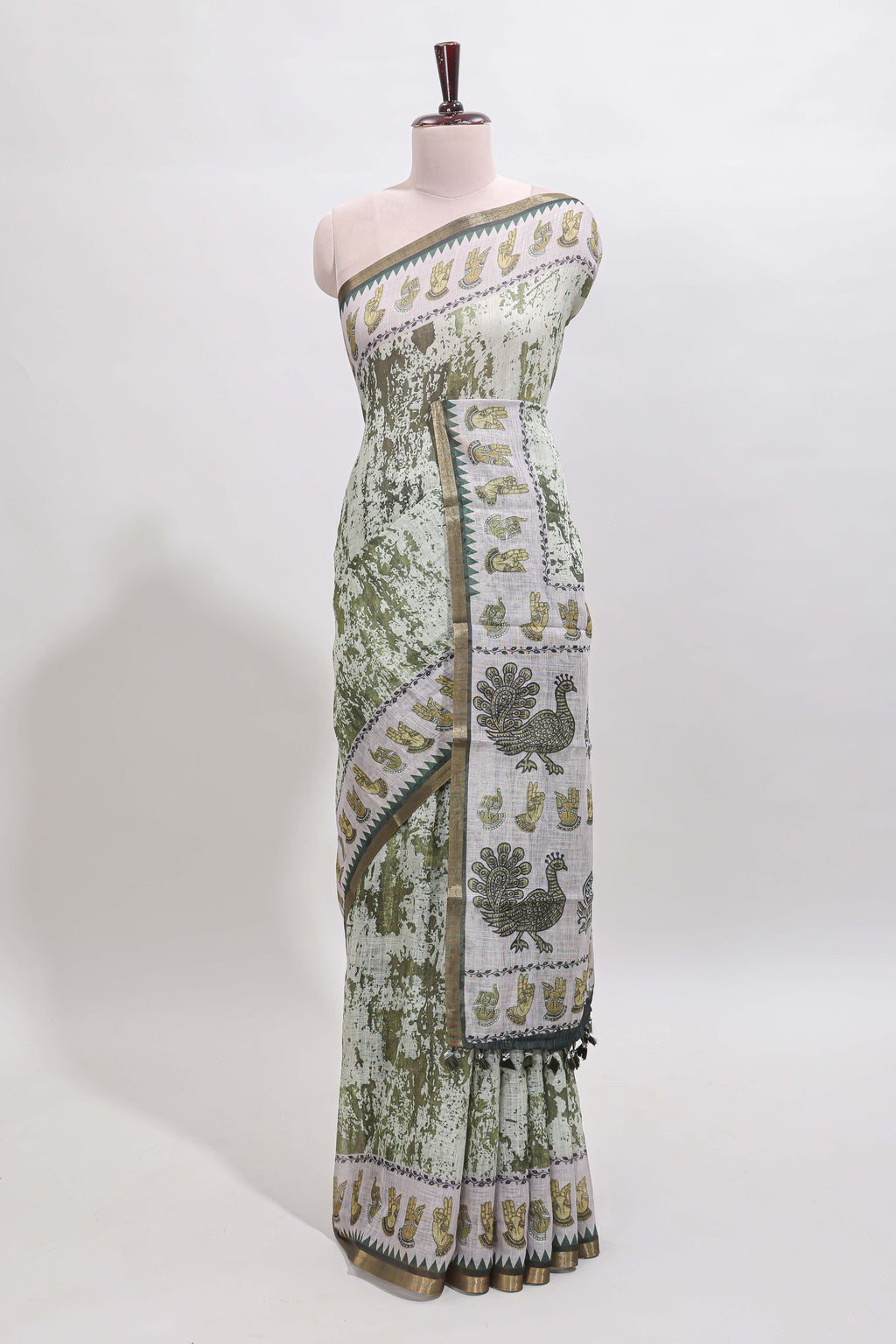 Green shibori style classical dance muthirai design linen cotton saree with contrast border and blouse