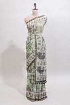 Green shibori style classical dance muthirai design linen cotton saree with contrast border and blouse