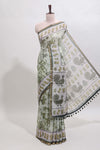 Green shibori style classical dance muthirai design linen cotton saree with contrast border and blouse