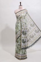Green shibori style classical dance muthirai design linen cotton saree with contrast border and blouse