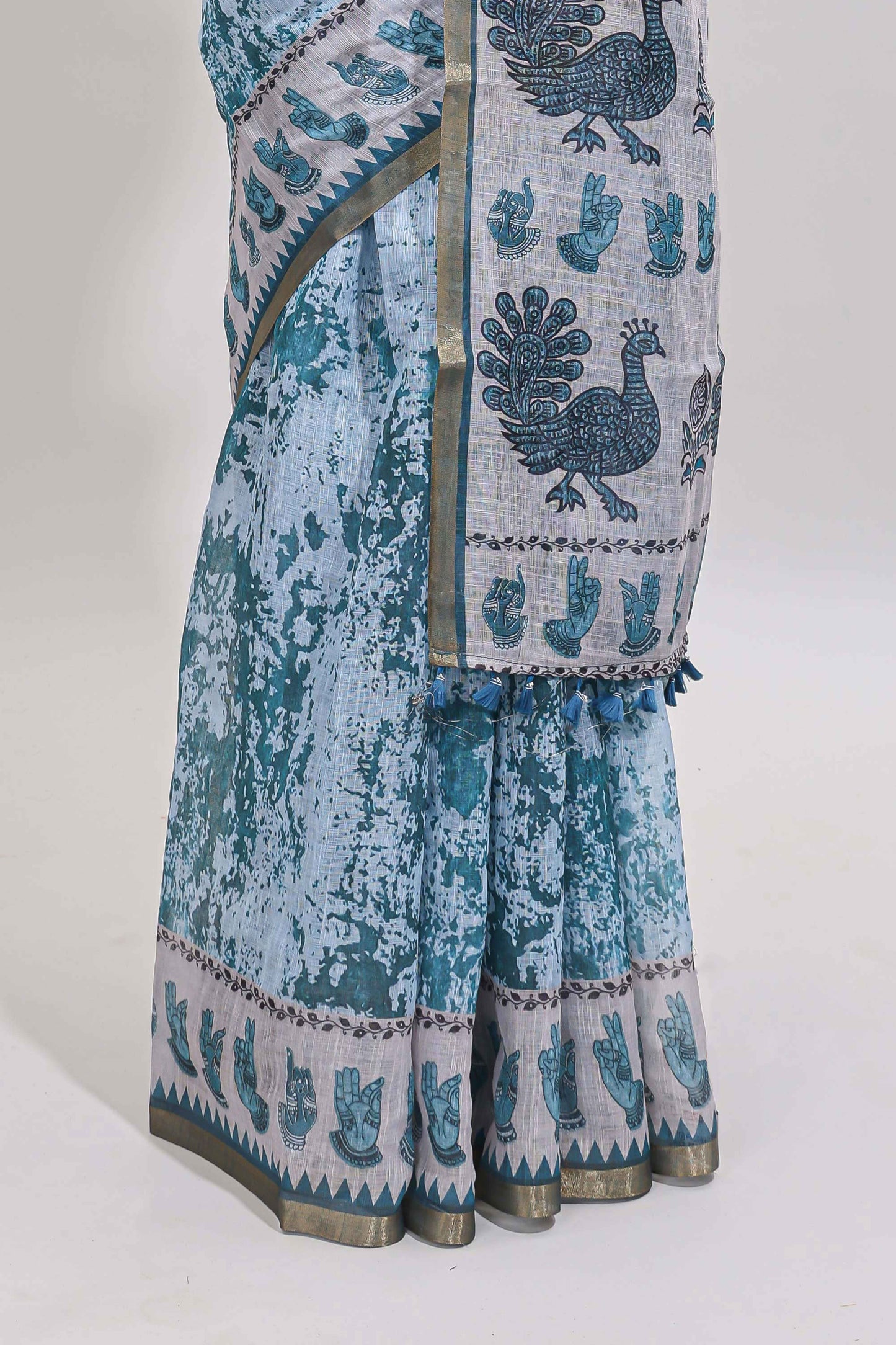 Turquoise blue shibori style classical dance muthirai design linen cotton saree with contrast border and blouse