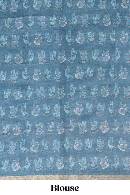 Turquoise blue shibori style classical dance muthirai design linen cotton saree with contrast border and blouse