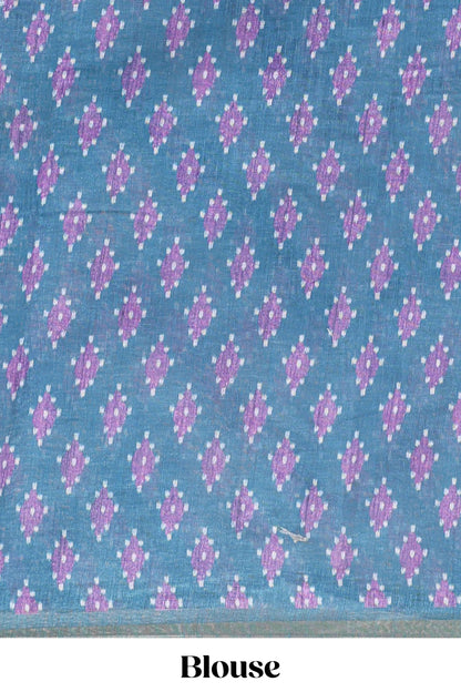 Off white chevron style shibori print linen cotton saree with contrast turquoise blue border and ikkat design pallu