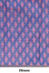 Off white chevron style shibori print linen cotton saree with contrast blue border and ikkat design pallu