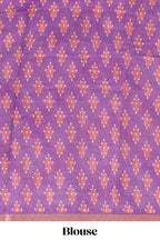 Off white chevron style shibori print linen cotton saree with contrast purple border and ikkat design pallu