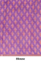 Off white chevron style shibori print linen cotton saree with contrast purple border and ikkat design pallu