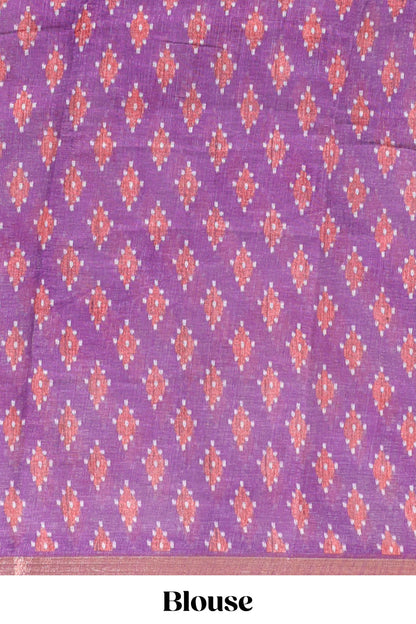 Off white chevron style shibori print linen cotton saree with contrast purple border and ikkat design pallu