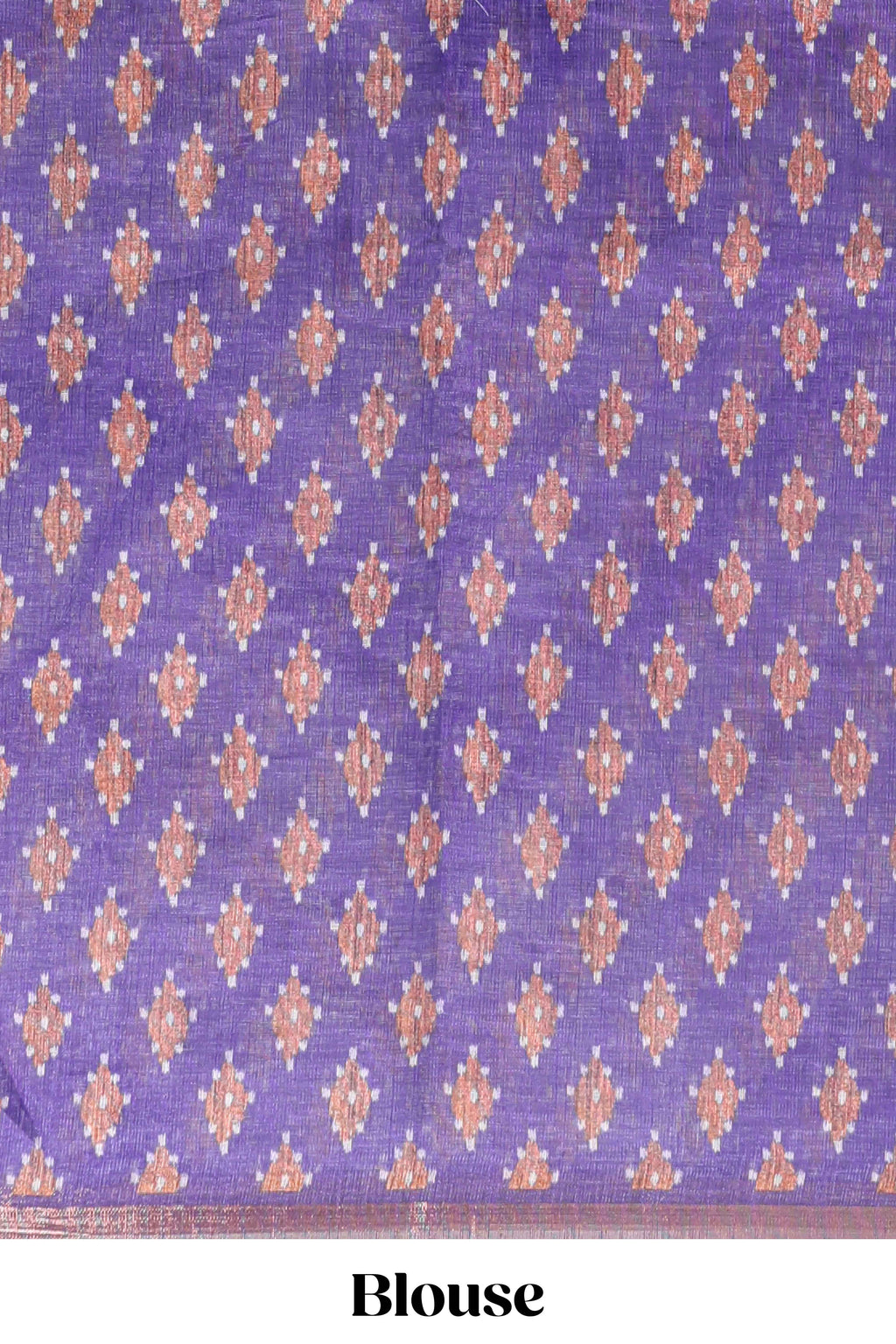 Off white chevron style shibori print linen cotton saree with contrast violet border and ikkat design pallu
