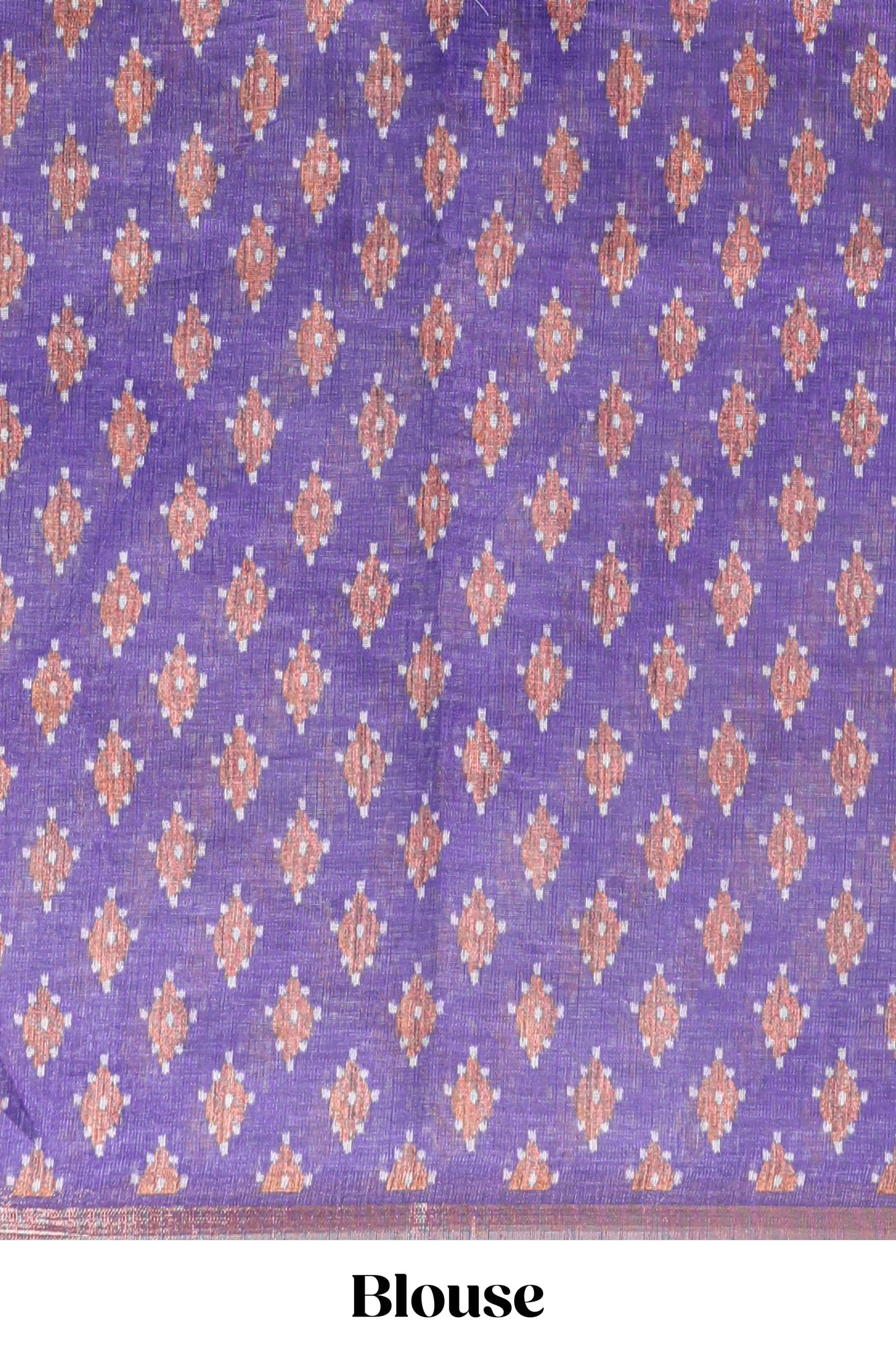 Off white chevron style shibori print linen cotton saree with contrast violet border and ikkat design pallu