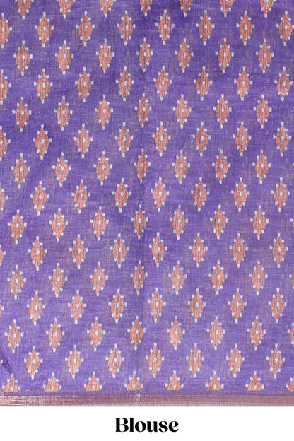 Off white chevron style shibori print linen cotton saree with contrast violet border and ikkat design pallu