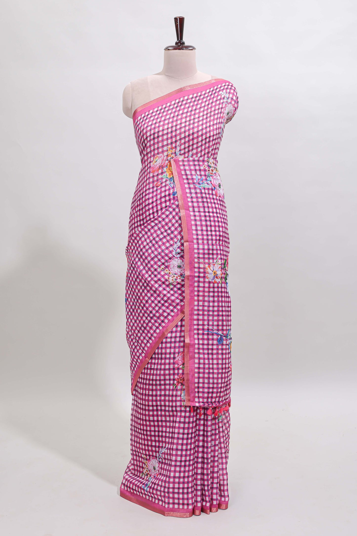 Pink checked floral design linen cotton saree with self zari border and printed blouse