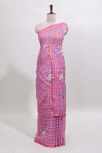 Pink checked floral design linen cotton saree with self zari border and printed blouse