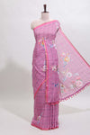 Pink checked floral design linen cotton saree with self zari border and printed blouse