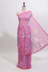 Pink checked floral design linen cotton saree with self zari border and printed blouse