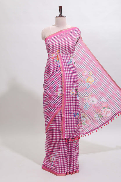 Pink checked floral design linen cotton saree with self zari border and printed blouse