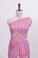 Pink checked floral design linen cotton saree with self zari border and printed blouse