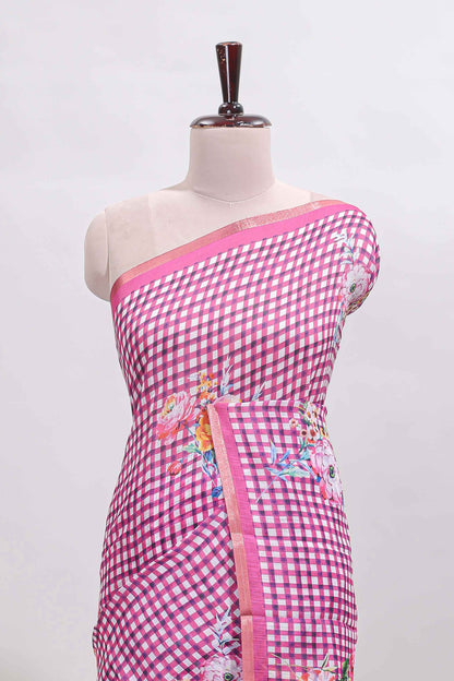 Pink checked floral design linen cotton saree with self zari border and printed blouse