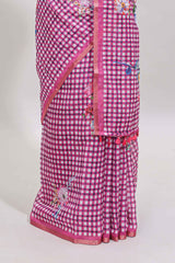 Pink checked floral design linen cotton saree with self zari border and printed blouse