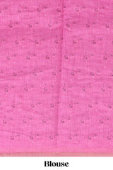Pink checked floral design linen cotton saree with self zari border and printed blouse