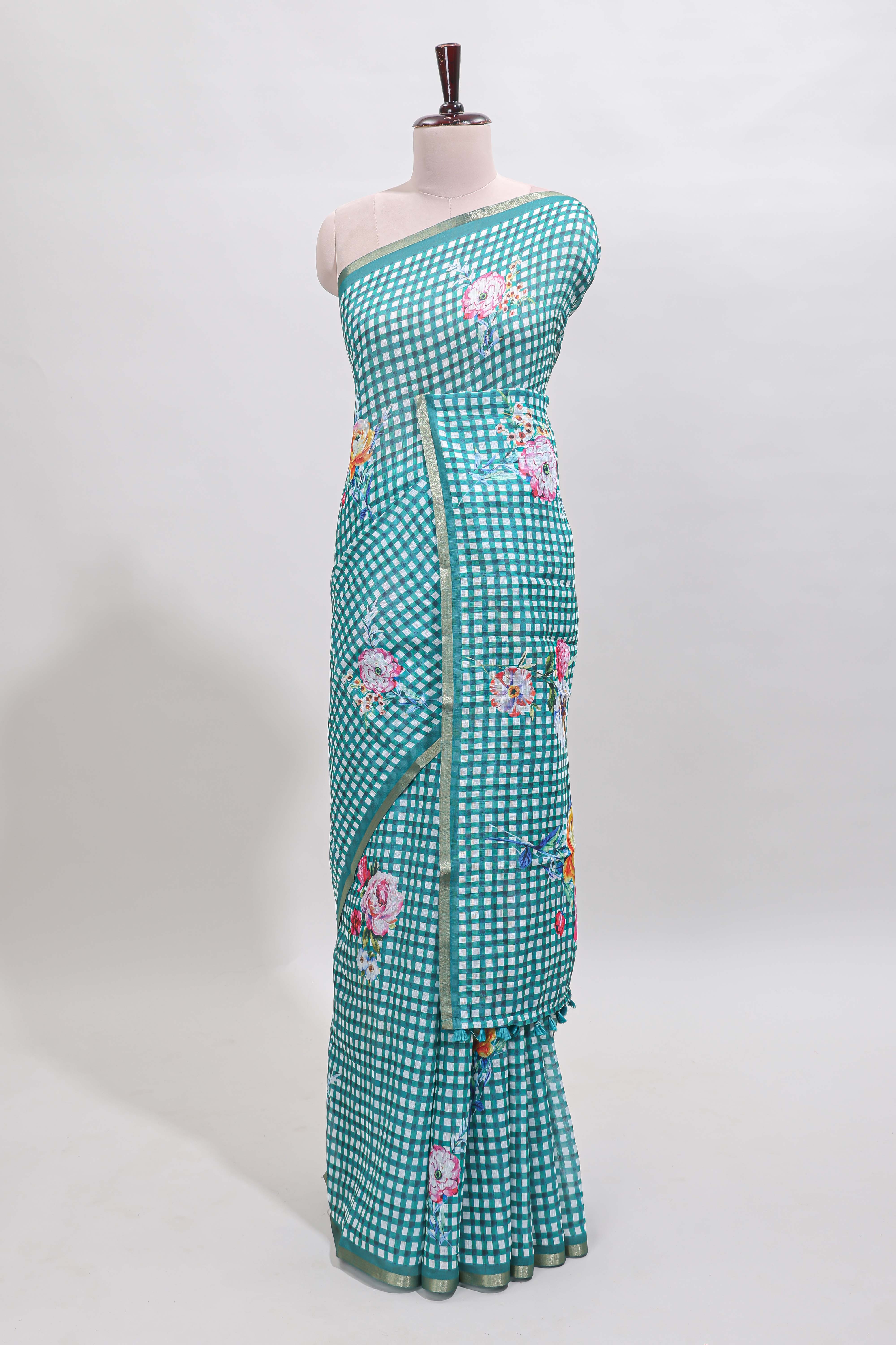 Green checked floral design linen cotton saree with self zari border and printed blouse