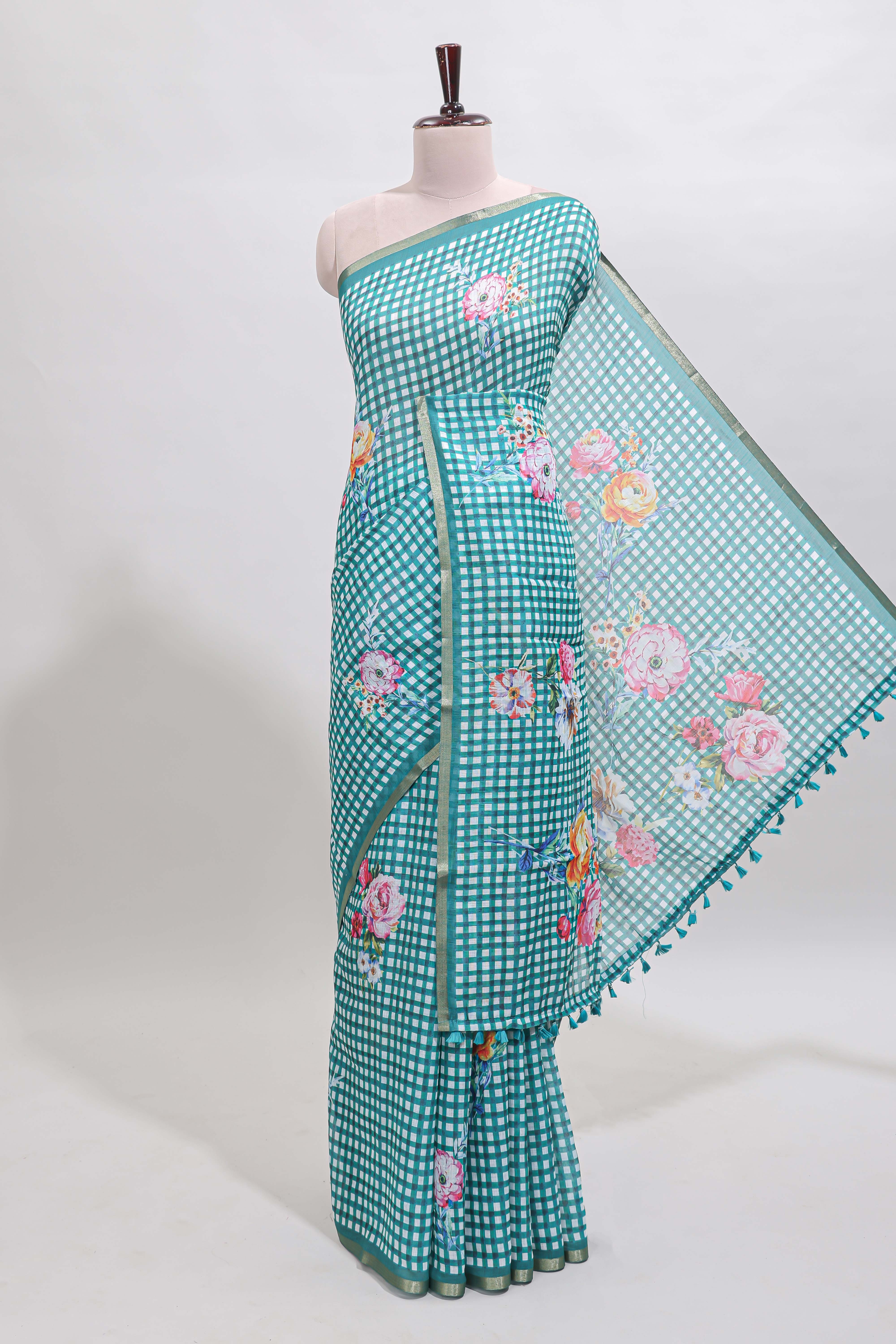 Green checked floral design linen cotton saree with self zari border and printed blouse