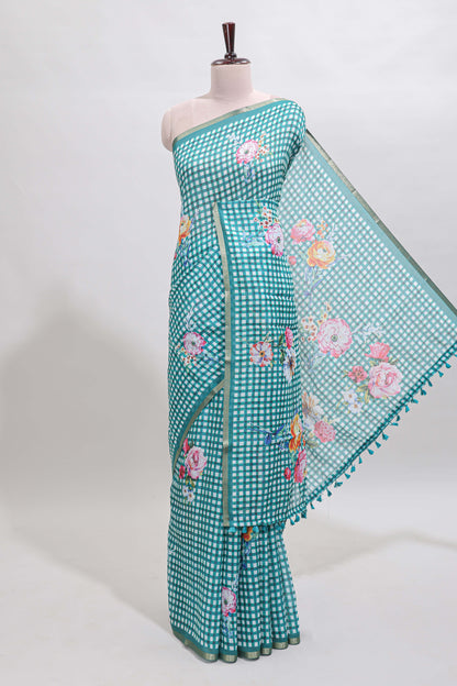 Green checked floral design linen cotton saree with self zari border and printed blouse