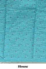 Green checked floral design linen cotton saree with self zari border and printed blouse